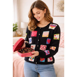 Vintage Heart Patchwork Cardigan Black Novelty Knit Cozy Cottagecore size Large